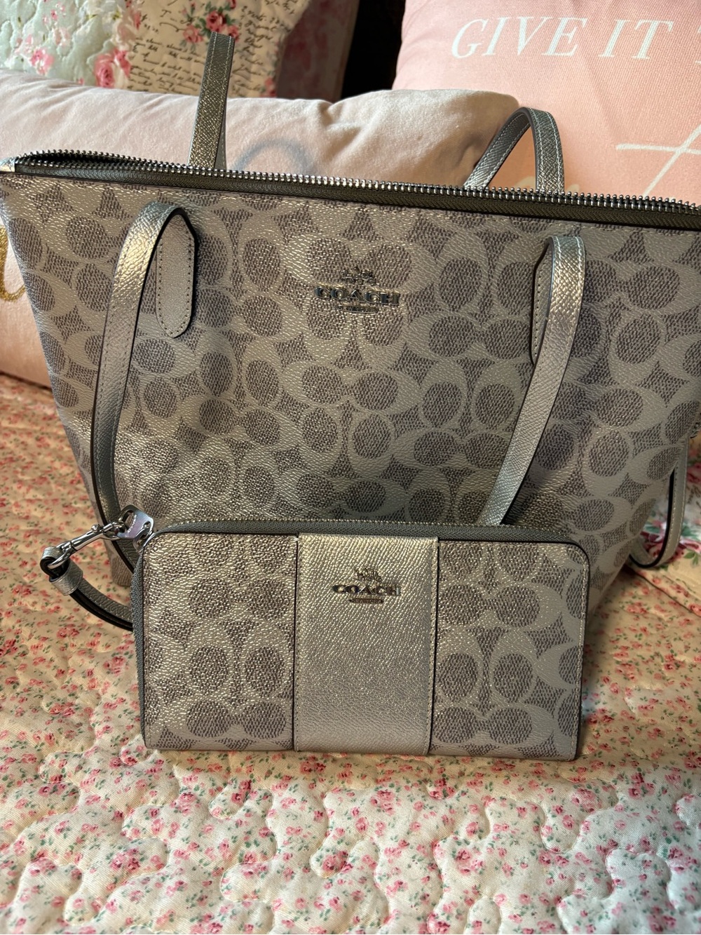 Coach Signature Canvas Tote and Wallet Set in Silver/Gray - Picture 2 of 16